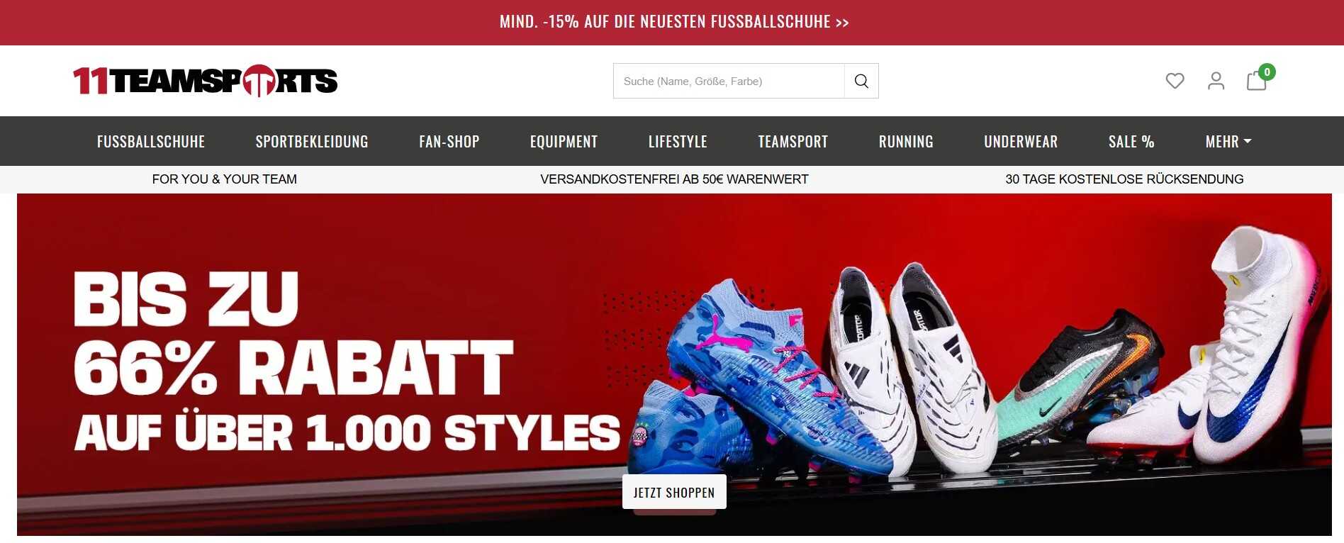 11teamsports Homepage mit tollen Fußball-Angeboten zum Schulstart