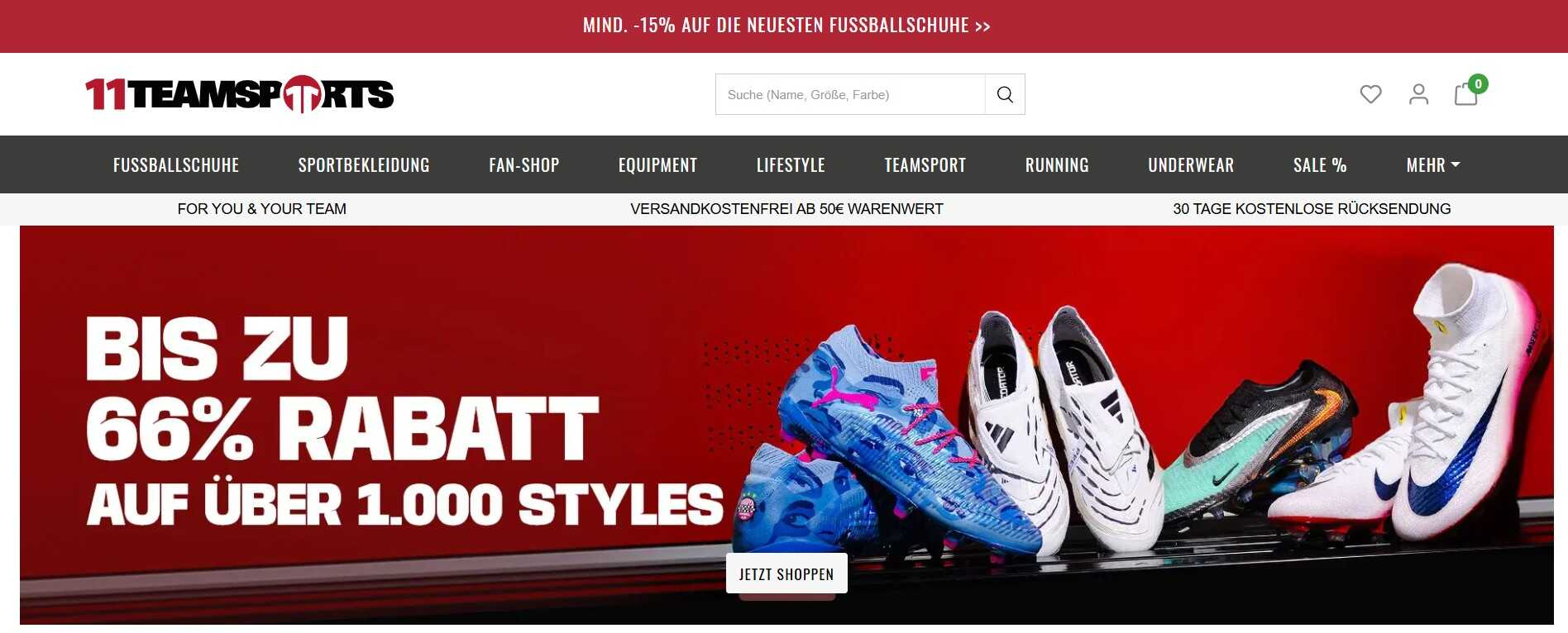 11teamsports Homepage mit tollen Fußball-Angeboten zum Schulstart