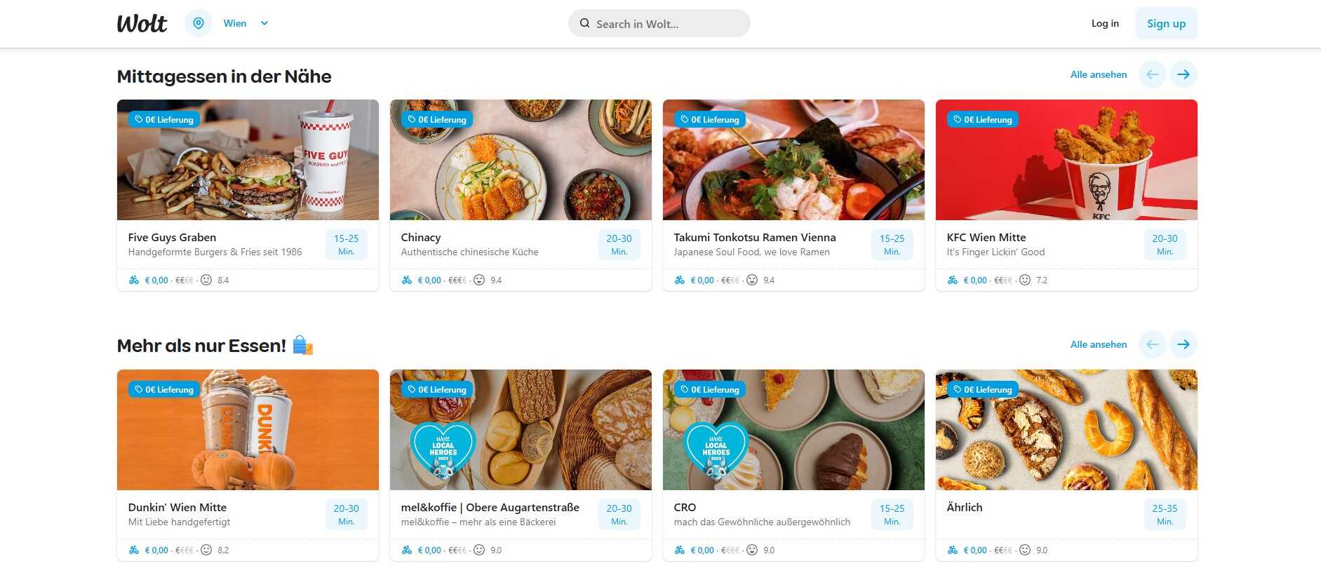 Wolt Webseite mit Angeboten der unterschiedlichsten Restaurants