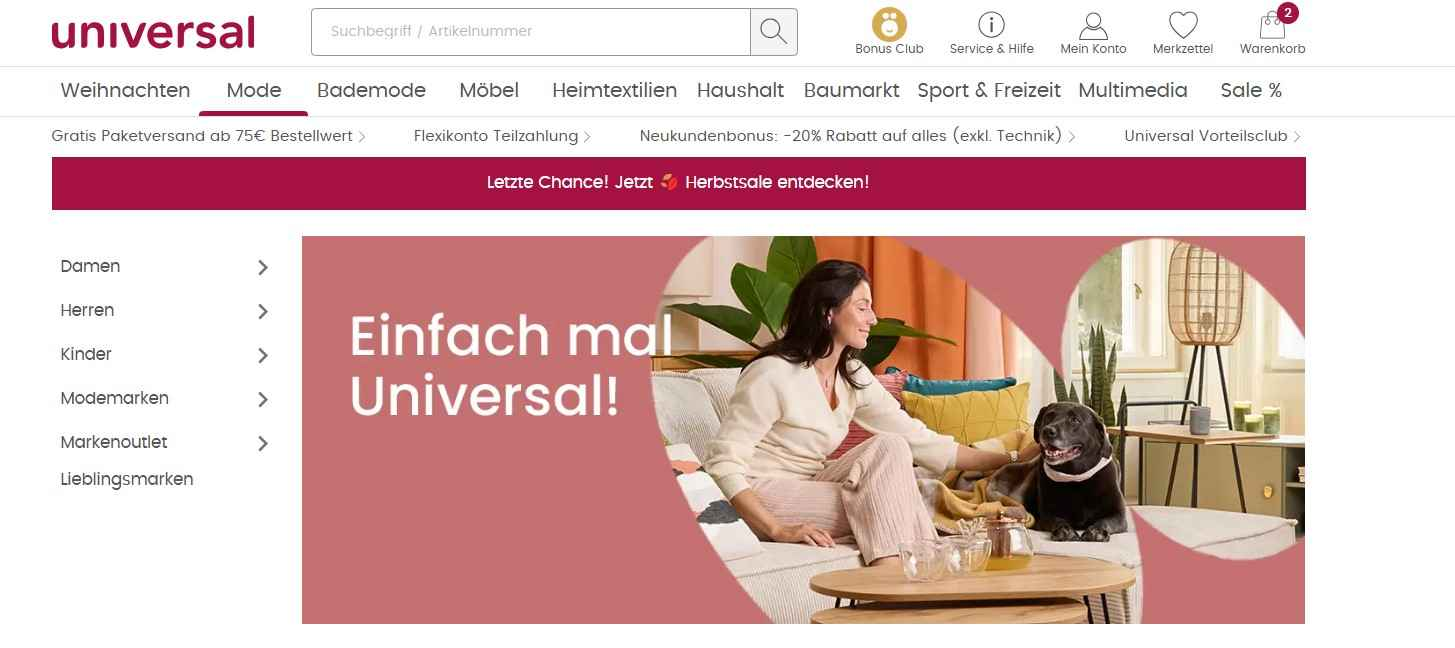 Webseite des Onlineshops universal.at