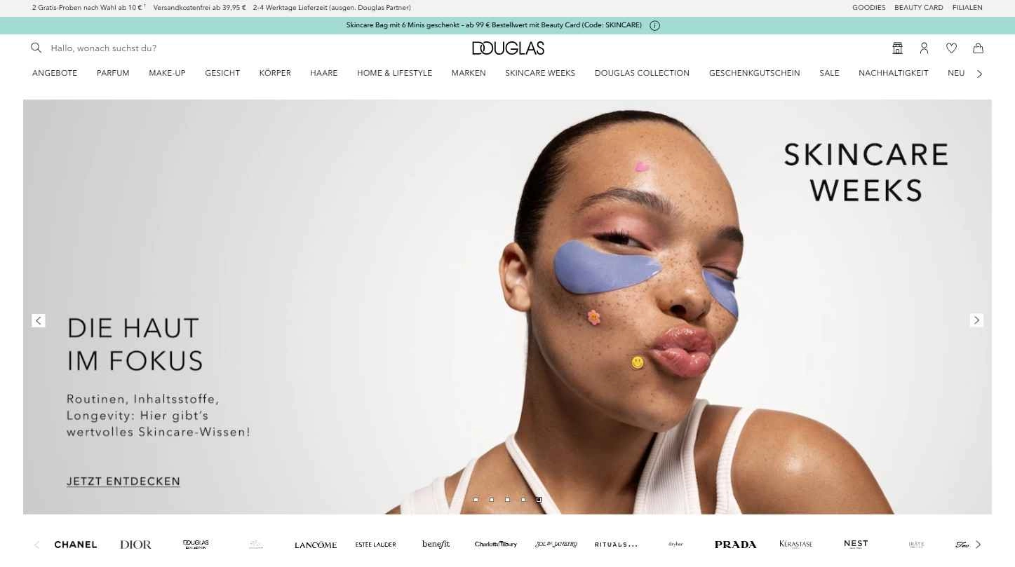 Douglas Homepage mit Angeboten für die Skincare Weeks